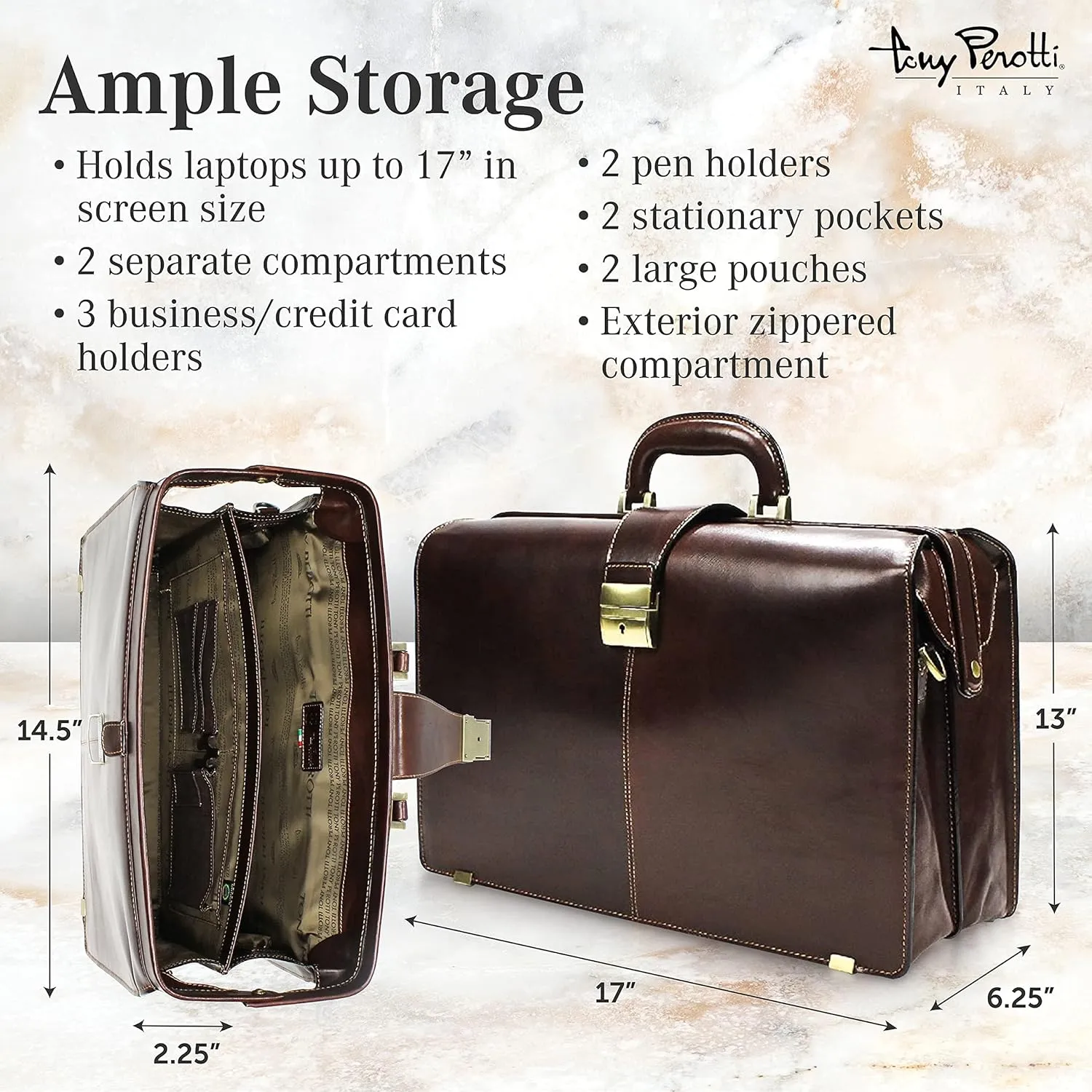 Tony Perotti Benevento Italian Leather Professional Briefcase for Men - Double-Compartment Lawyer's Hardcover Briefcases