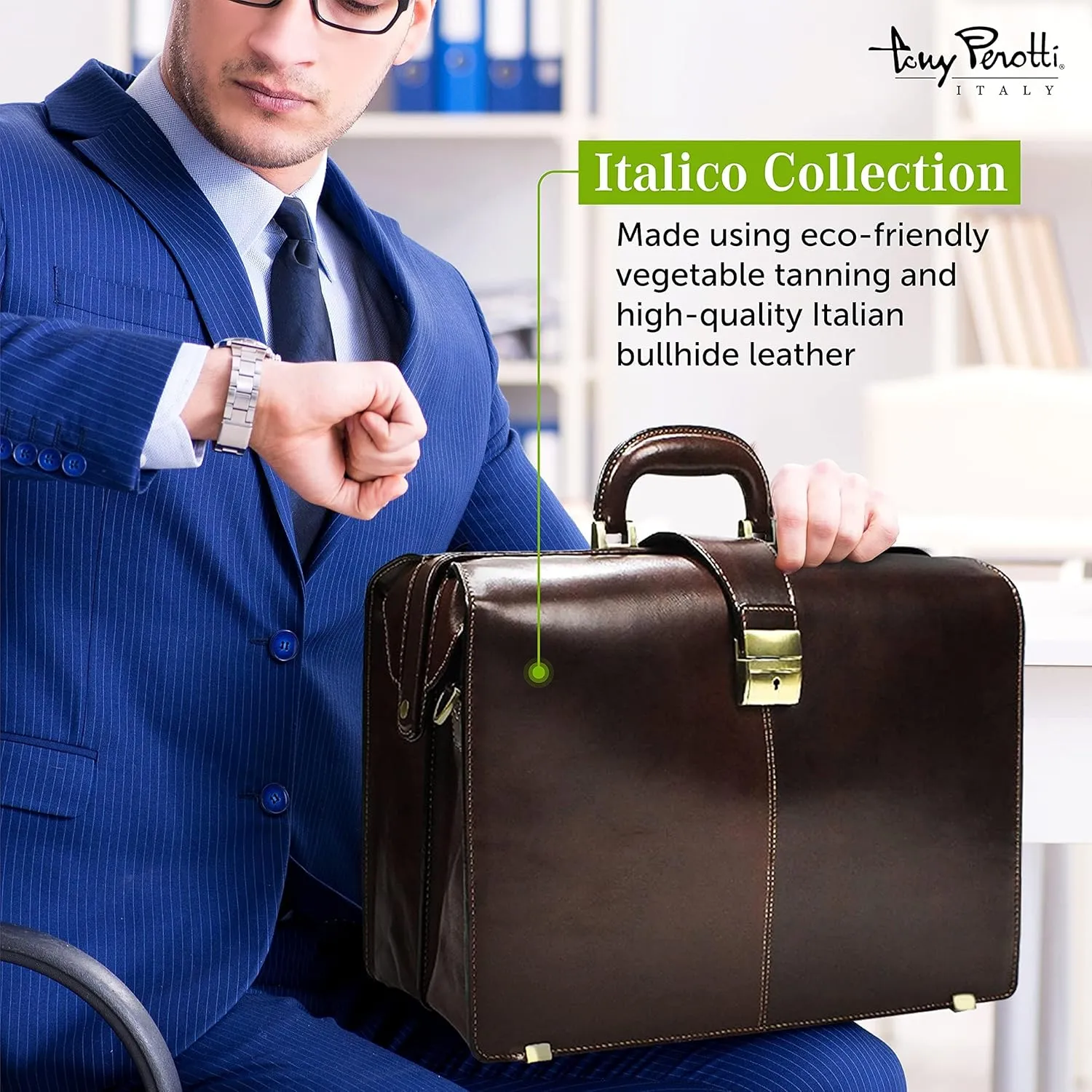 Tony Perotti Benevento Italian Leather Professional Briefcase for Men - Double-Compartment Lawyer's Hardcover Briefcases