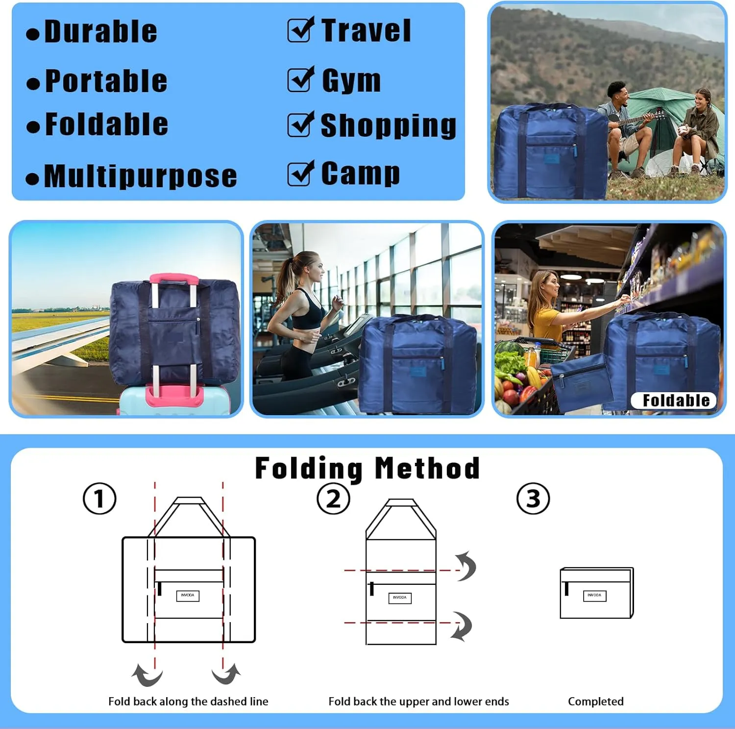 Travel Bag Foldable Luggage Bag for Spirit Airlines Tote Carry on Duffle Bag Sports Gym Water Resistant Personal Item Bag Weekender Overnight Bag (Blue)
