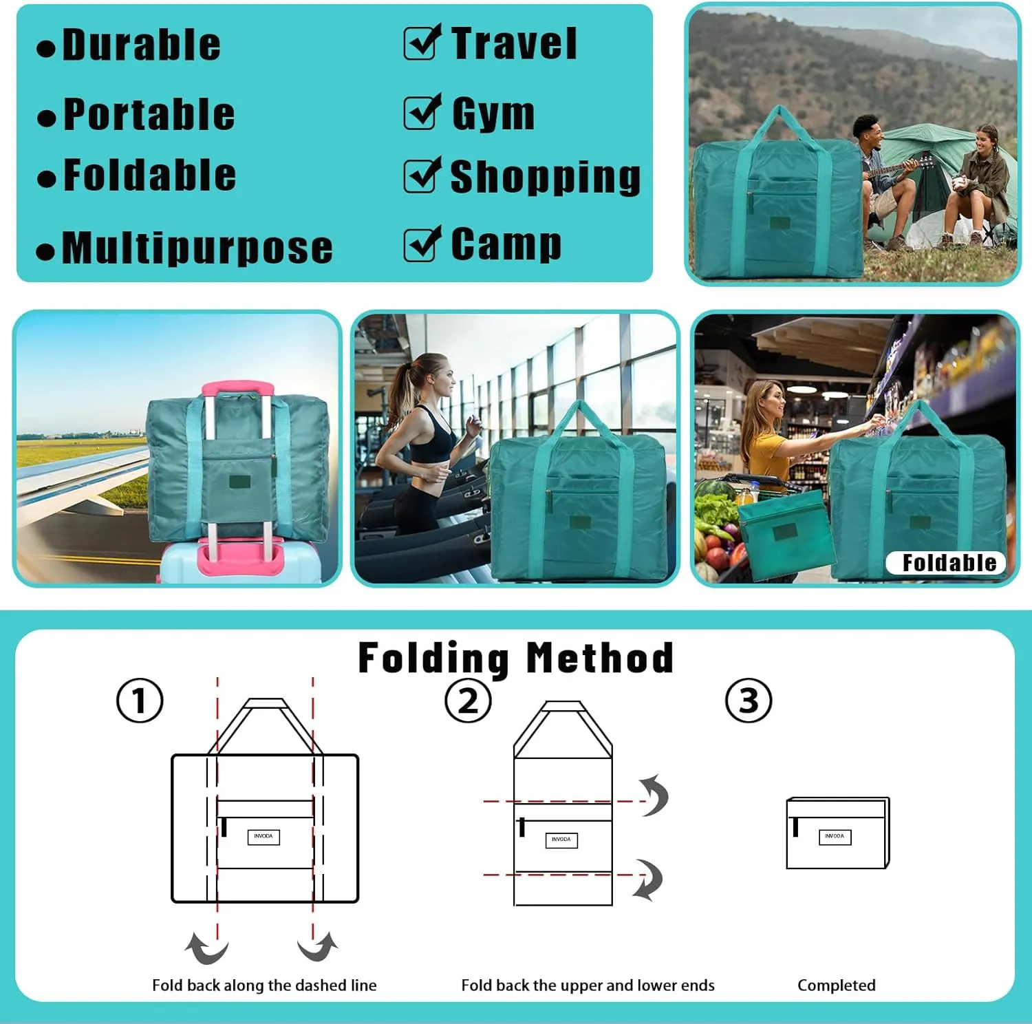 Travel Bag Foldable Luggage Bag for Spirit Airlines Tote Carry on Duffle Bag Sports Gym Water Resistant Personal Item Bag Weekender Overnight Bag (Green)