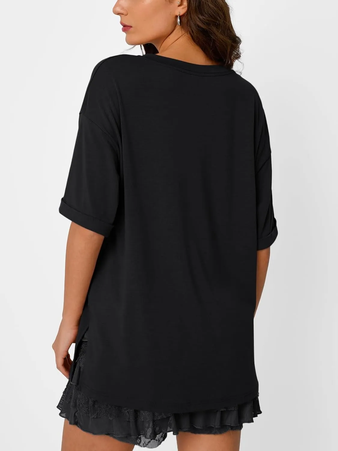 Trendy Queen Oversized Tshirts for Women Workout Plus Size Tops V Neck Short Sleeve Gym Shirts Casual Loose Fit Basic Tees