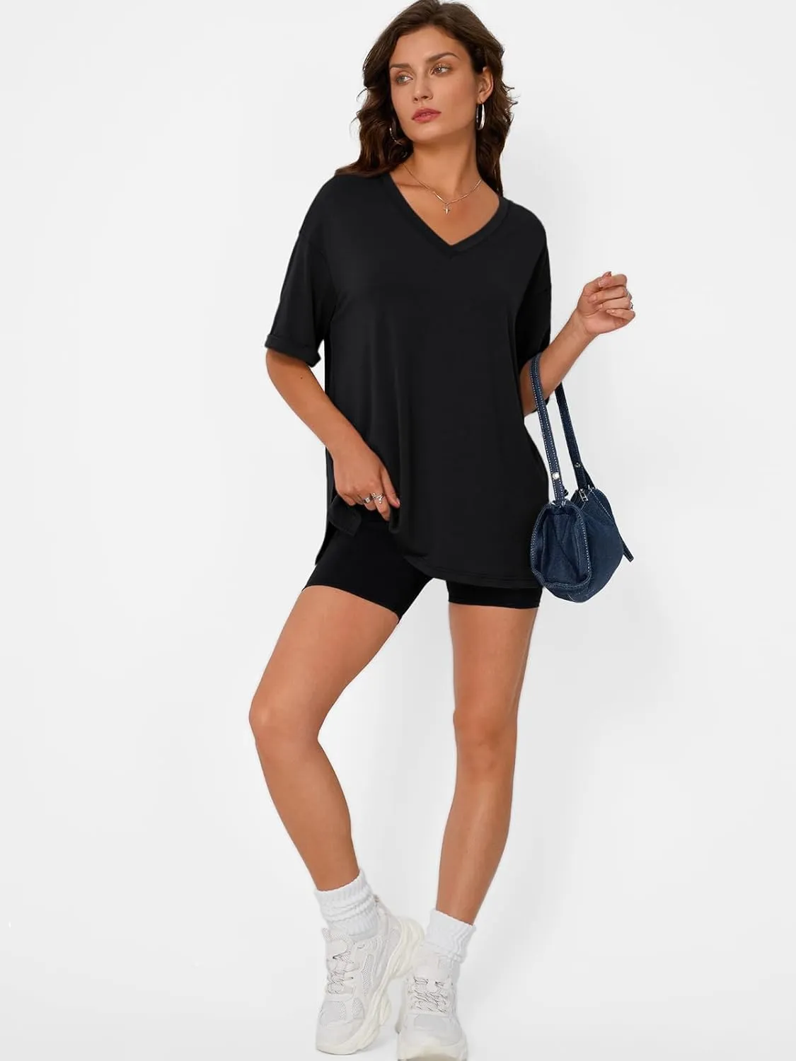 Trendy Queen Oversized Tshirts for Women Workout Plus Size Tops V Neck Short Sleeve Gym Shirts Casual Loose Fit Basic Tees