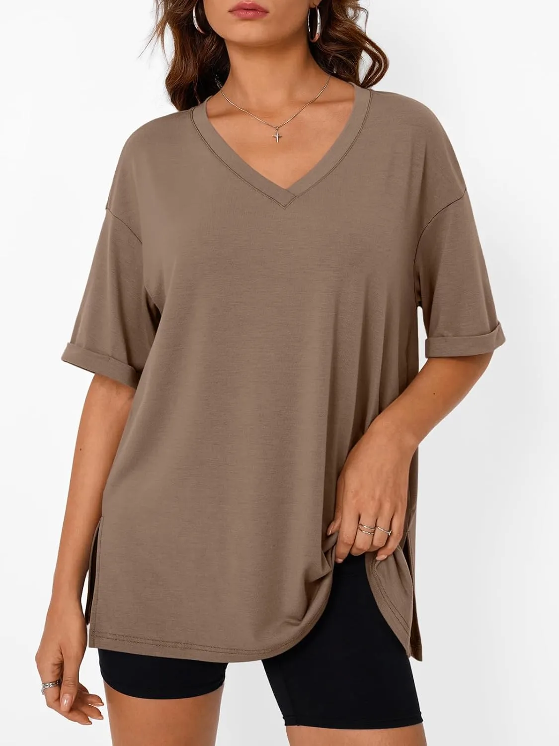 Trendy Queen Oversized Tshirts for Women Workout Plus Size Tops V Neck Short Sleeve Gym Shirts Casual Loose Fit Basic Tees