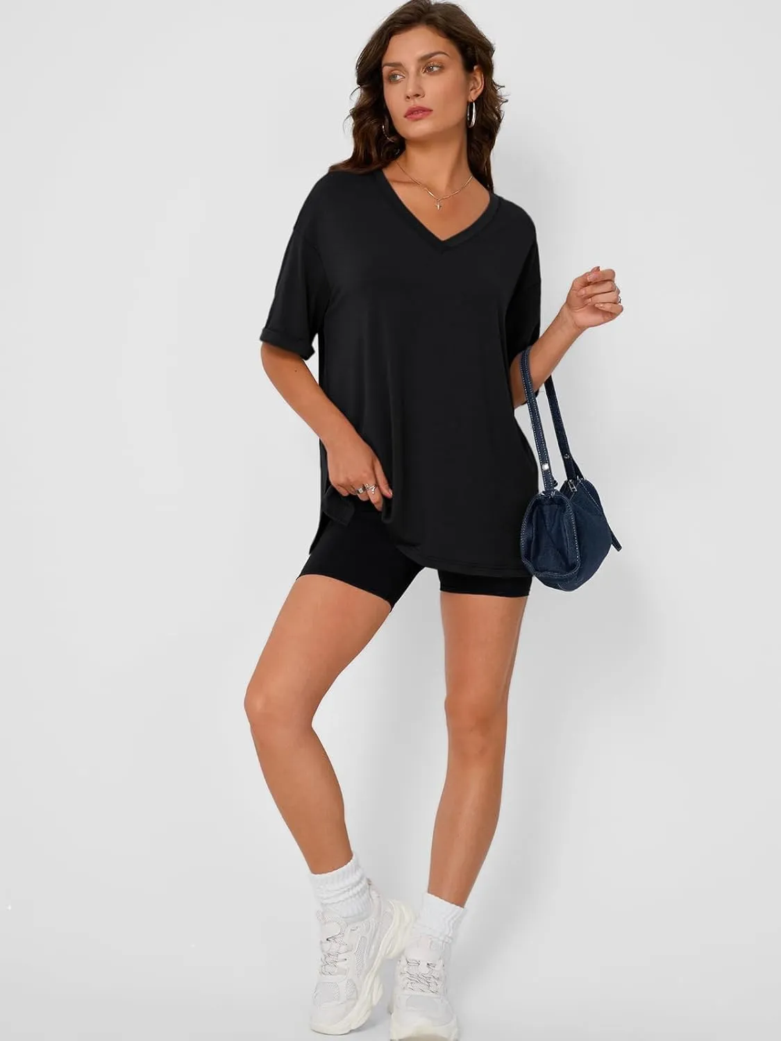 Trendy Queen Oversized Tshirts for Women Workout Plus Size Tops V Neck Short Sleeve Gym Shirts Casual Loose Fit Basic Tees