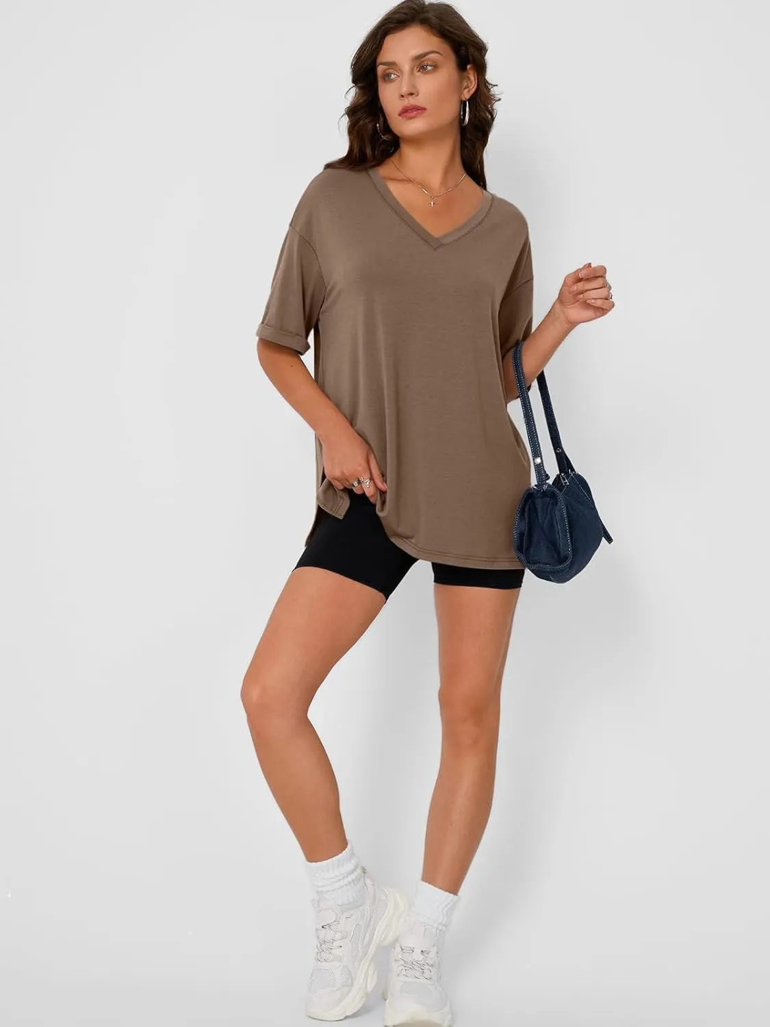 Trendy Queen Oversized Tshirts for Women Workout Plus Size Tops V Neck Short Sleeve Gym Shirts Casual Loose Fit Basic Tees