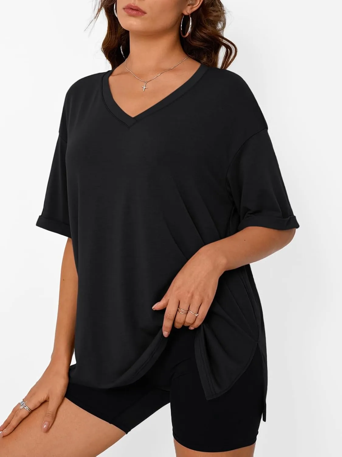 Trendy Queen Oversized Tshirts for Women Workout Plus Size Tops V Neck Short Sleeve Gym Shirts Casual Loose Fit Basic Tees