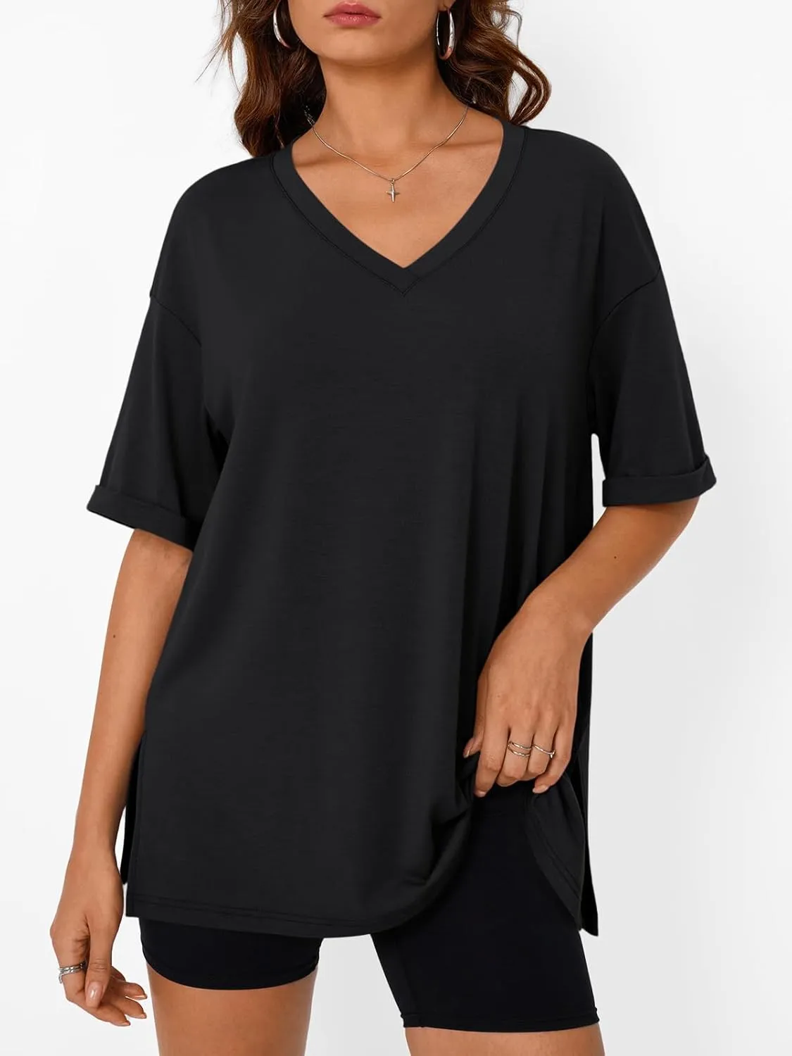 Trendy Queen Oversized Tshirts for Women Workout Plus Size Tops V Neck Short Sleeve Gym Shirts Casual Loose Fit Basic Tees