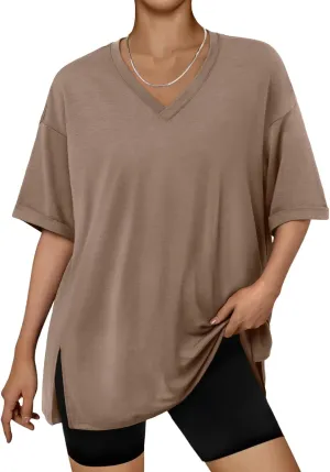 Trendy Queen Oversized Tshirts for Women Workout Plus Size Tops V Neck Short Sleeve Gym Shirts Casual Loose Fit Basic Tees