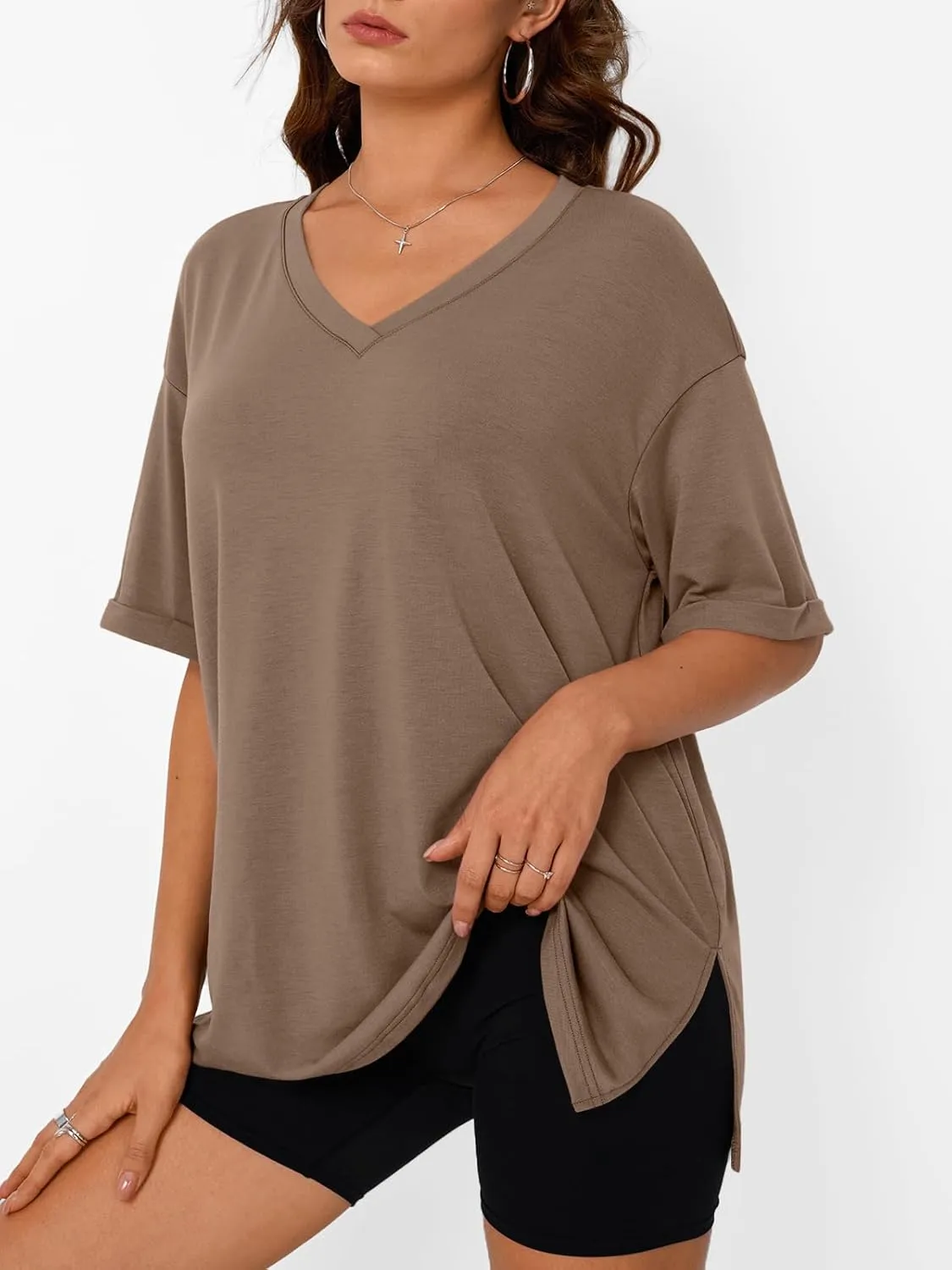 Trendy Queen Oversized Tshirts for Women Workout Plus Size Tops V Neck Short Sleeve Gym Shirts Casual Loose Fit Basic Tees