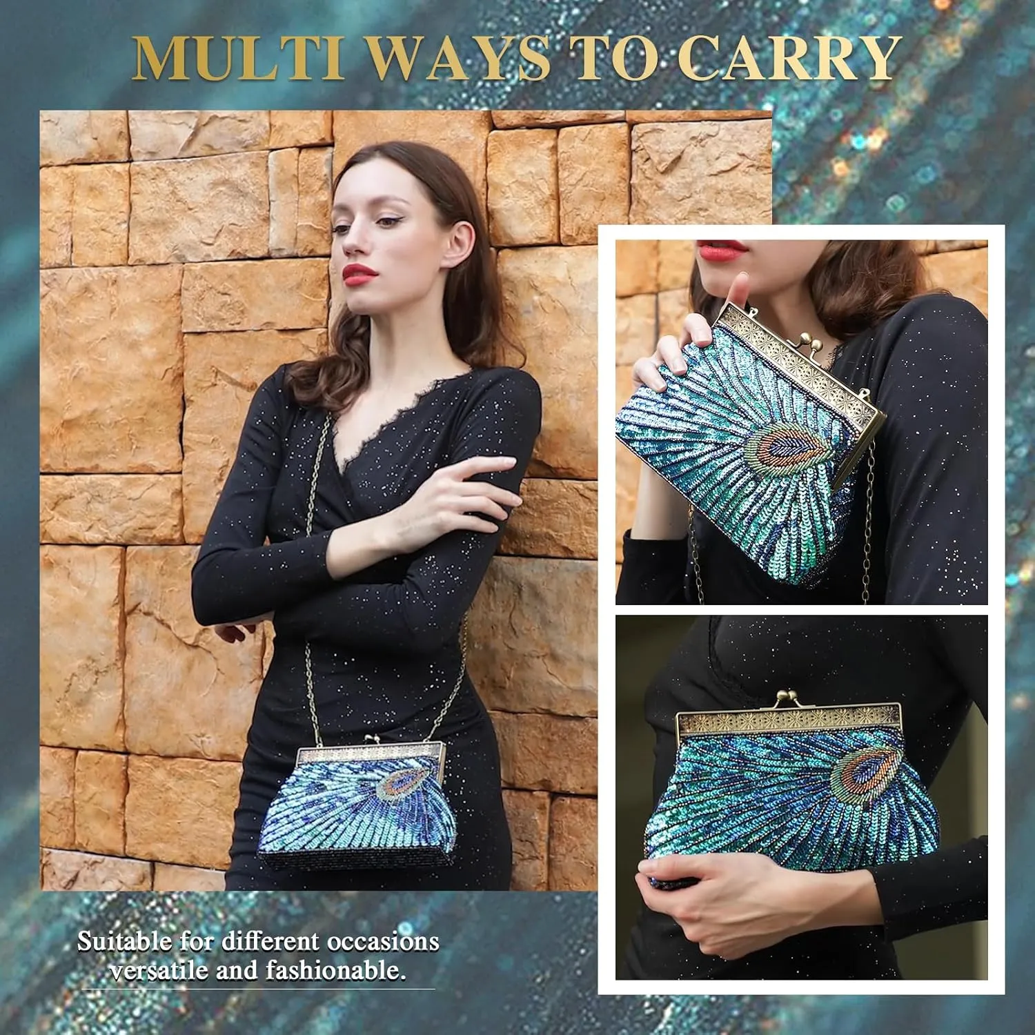 UBORSE Beaded Sequin Peacock Evening Clutch Bags Vintage Evening Bag1920s Party Wedding Purse