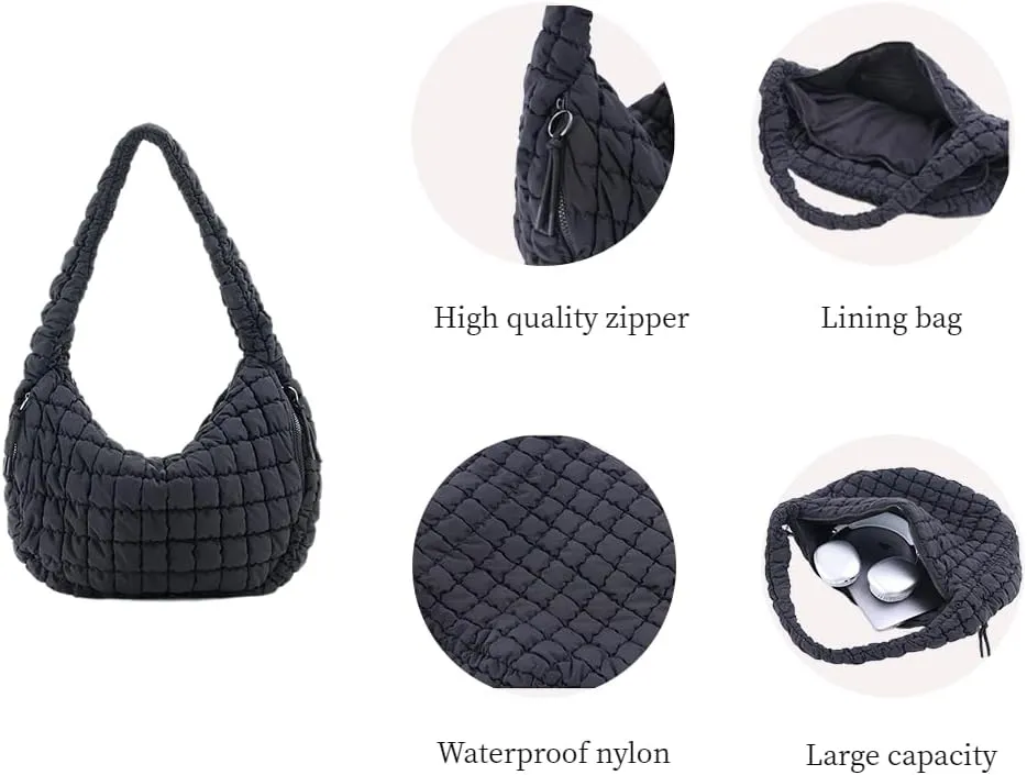 VAKAER Puffer Tote Bag for Women Quilted Crossbody Large Hobo Carryall Lightweight Padded Shoulder Bag for Travel Work