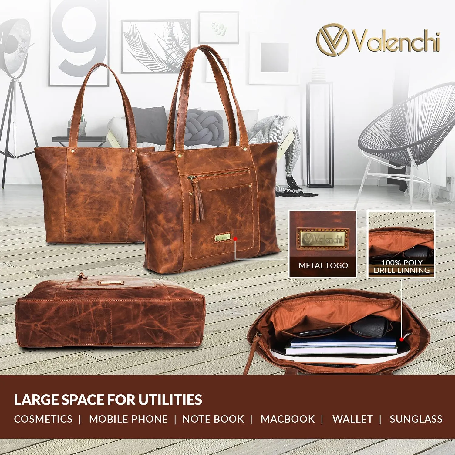 VALENCHI Leather Tote Bag For Women - Leather Handbags For Women - Trendy Ladies Shoulder Bag - Work, Travel