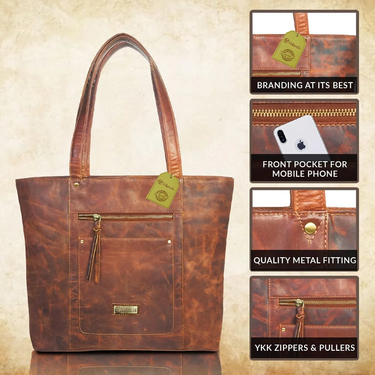 VALENCHI Leather Tote Bag For Women - Leather Handbags For Women - Trendy Ladies Shoulder Bag - Work, Travel