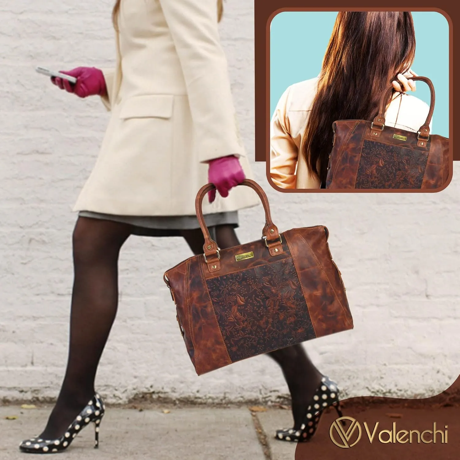 VALENCHI Leather Tote Bag For Women - Leather Handbags For Women - Trendy Ladies Shoulder Bag - Work, Travel