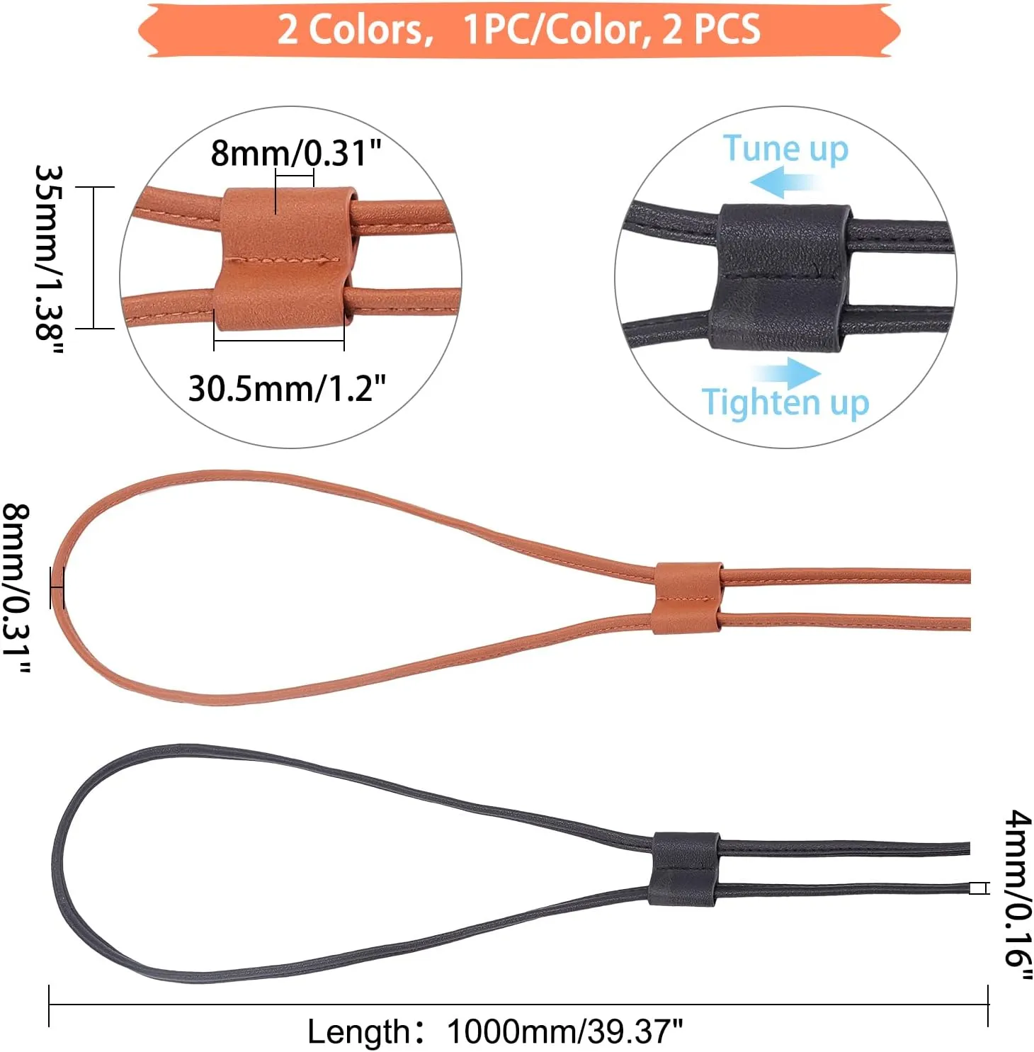 WADORN 2pcs PU Leather Drawstring Strap for Bucket Bag, 39.37 Inch Detachable Pull String Purse Strap Adjustable Drawstring Bunches with Slide String Keeper for Crochet Bag Fringe Pouche, 2 Color