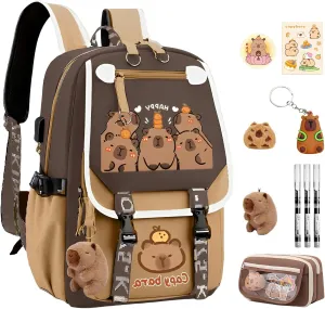 Waterproof Capybara BackpackLarge-capacity Kawaii capybara bag with 11-Piece Accessories (Badges, Pendants, Plush capybara, Stickers and others)