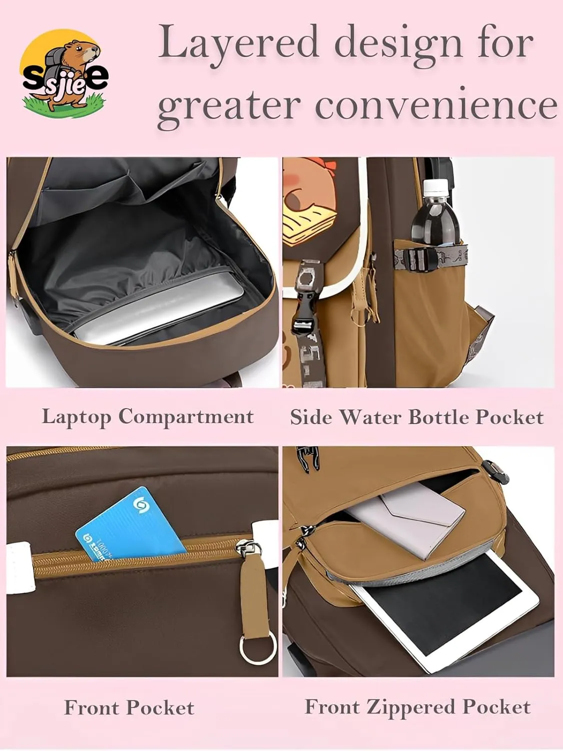 Waterproof Capybara BackpackLarge-capacity Kawaii capybara bag with 11-Piece Accessories (Badges, Pendants, Plush capybara, Stickers and others)