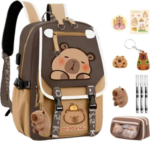 Waterproof Capybara BackpackLarge-capacity Kawaii capybara bag with 11-Piece Accessories (Badges, Pendants, Plush capybara, Stickers and others)