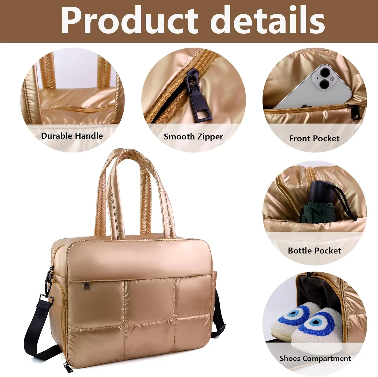 Weekender Fluffy Bag Quilted Nylon Puffer Tote Bag Personal Item Bag for Airlines Overnight Bag Gym Bag
