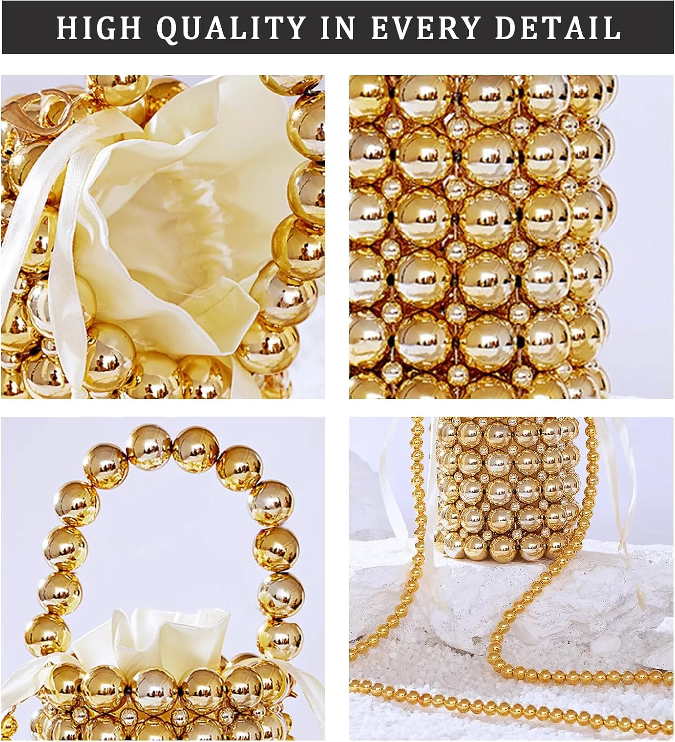 white pearl Women Beaded crossbody purse Evening Bucket Handmade Bags with DustBag for Wedding Party banquet