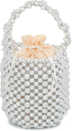 white pearl Women Beaded crossbody purse Evening Bucket Handmade Bags with DustBag for Wedding Party banquet
