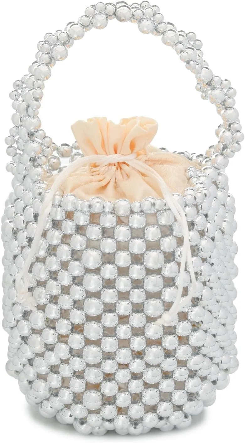 white pearl Women Beaded crossbody purse Evening Bucket Handmade Bags with DustBag for Wedding Party banquet
