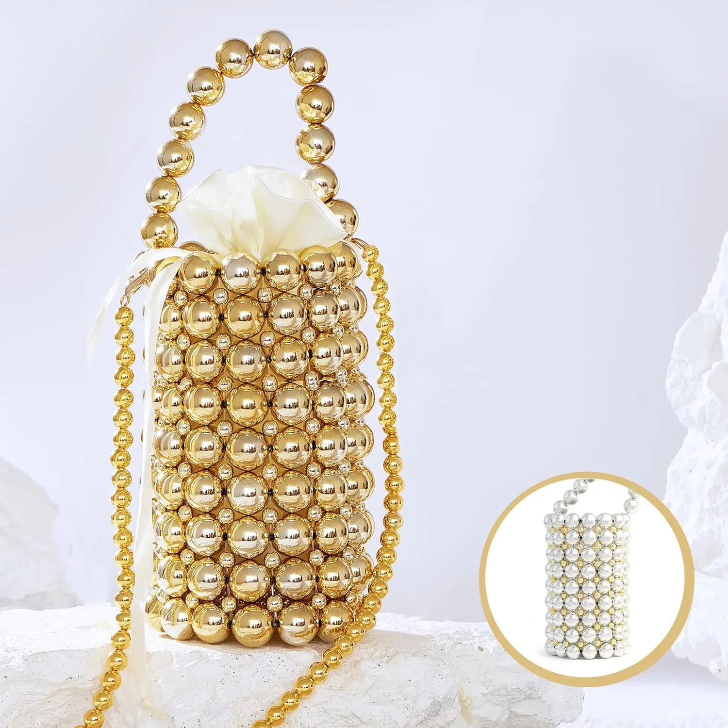 white pearl Women Beaded crossbody purse Evening Bucket Handmade Bags with DustBag for Wedding Party banquet