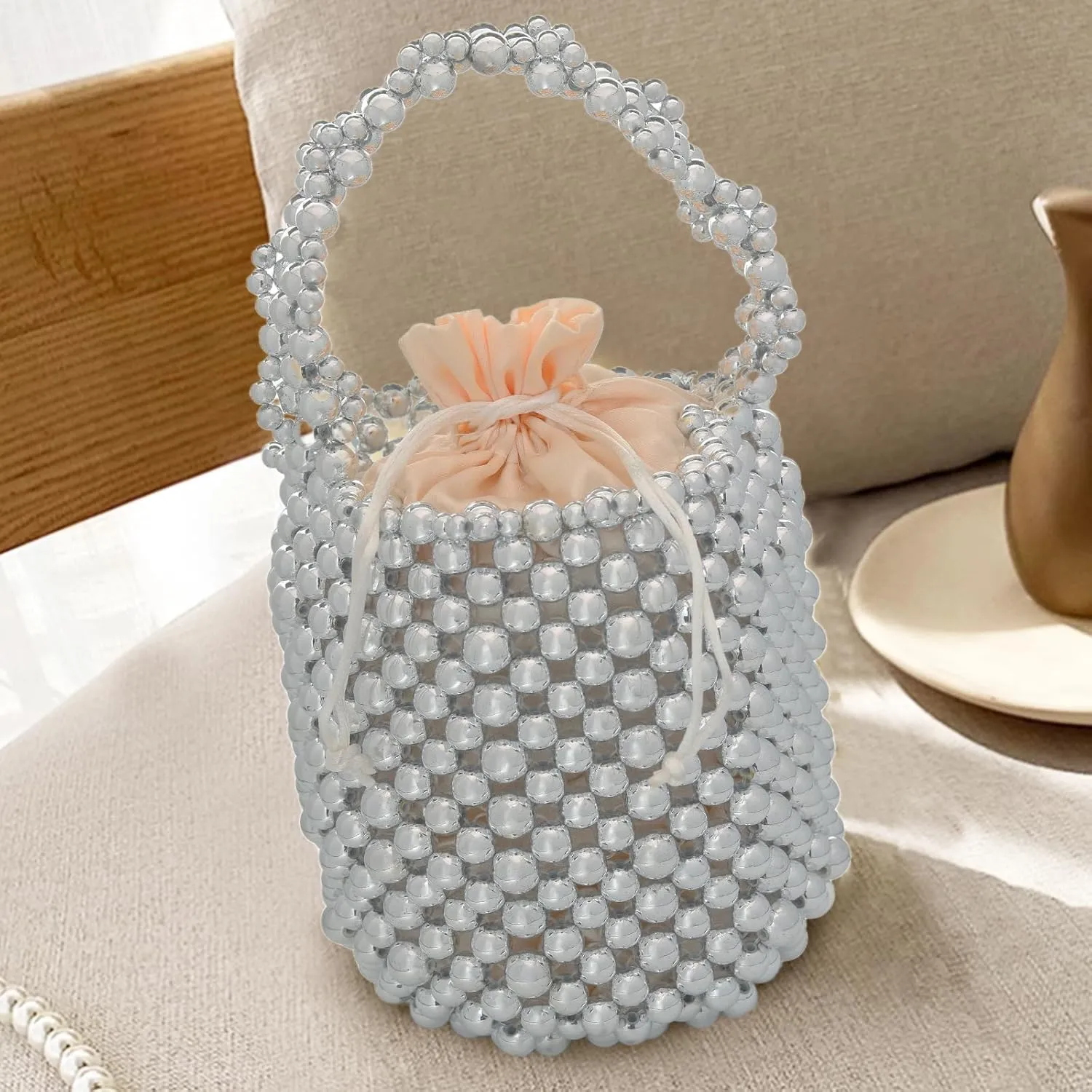 white pearl Women Beaded crossbody purse Evening Bucket Handmade Bags with DustBag for Wedding Party banquet