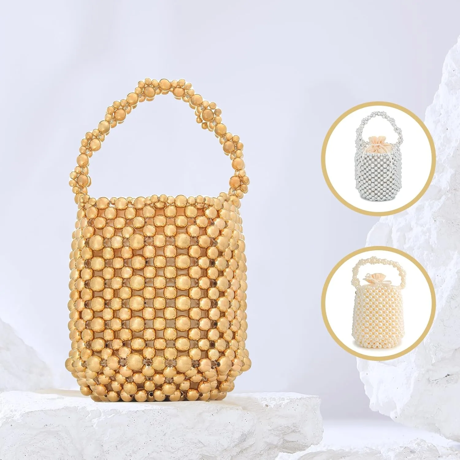 white pearl Women Beaded crossbody purse Evening Bucket Handmade Bags with DustBag for Wedding Party banquet