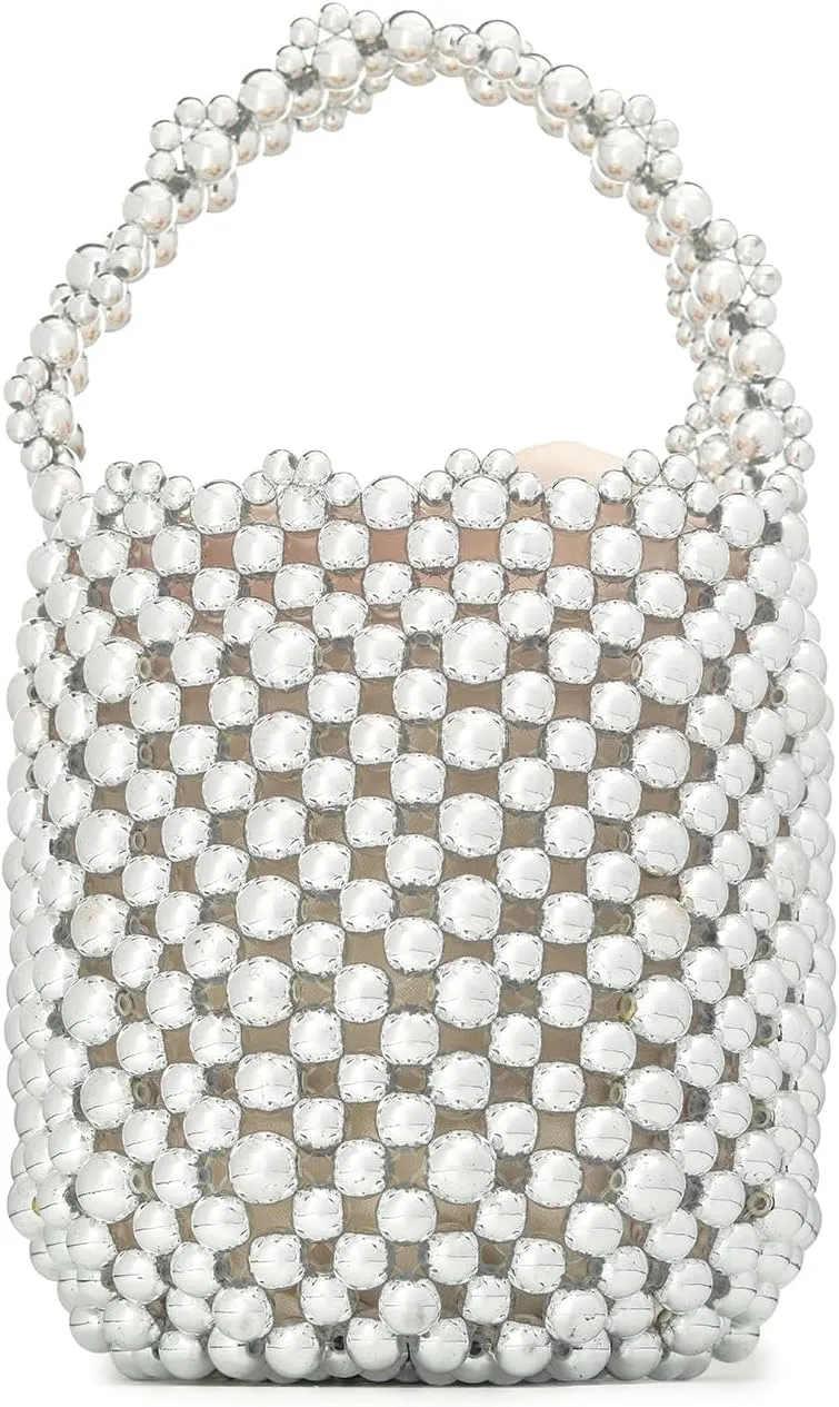 white pearl Women Beaded crossbody purse Evening Bucket Handmade Bags with DustBag for Wedding Party banquet