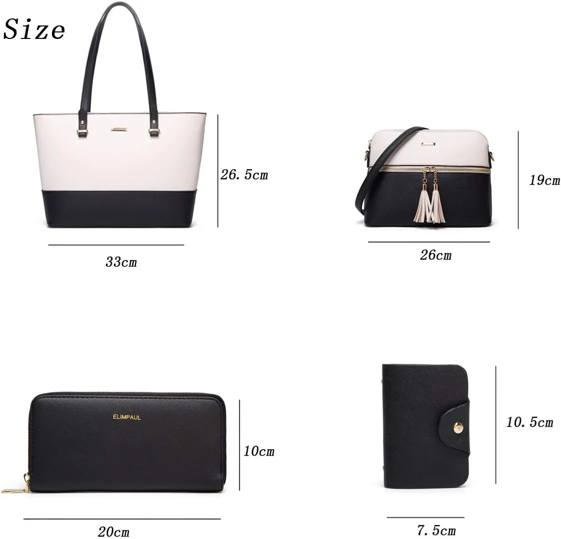 Women Fashion Synthetic Leather Handbags Tote Bag Shoulder Bag Top Handle Satchel Purse Set 4pcs