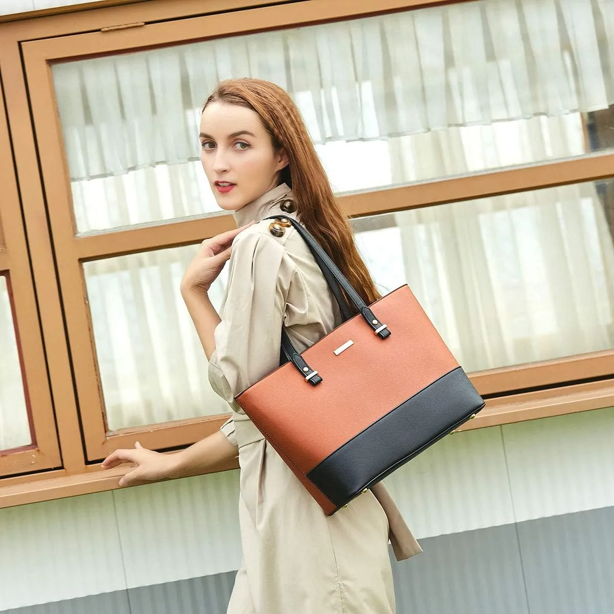 Women Fashion Synthetic Leather Handbags Tote Bag Shoulder Bag Top Handle Satchel Purse Set 4pcs