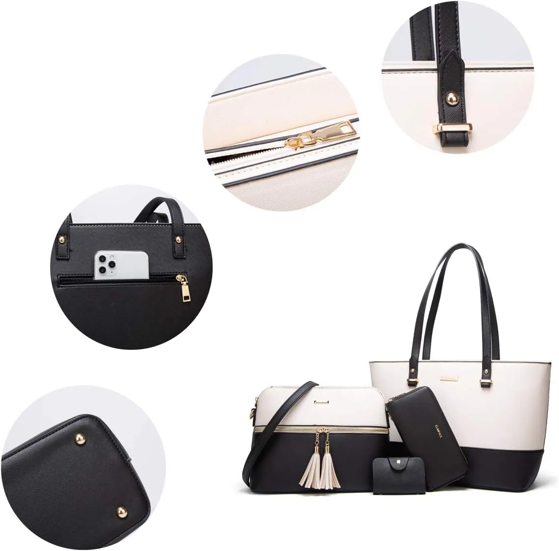 Women Fashion Synthetic Leather Handbags Tote Bag Shoulder Bag Top Handle Satchel Purse Set 4pcs