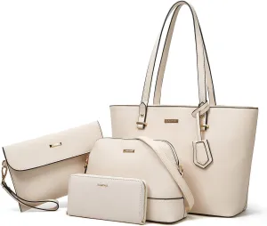 Women Fashion Synthetic Leather Handbags Tote Bag Shoulder Bag Top Handle Satchel Purse Set 4pcs