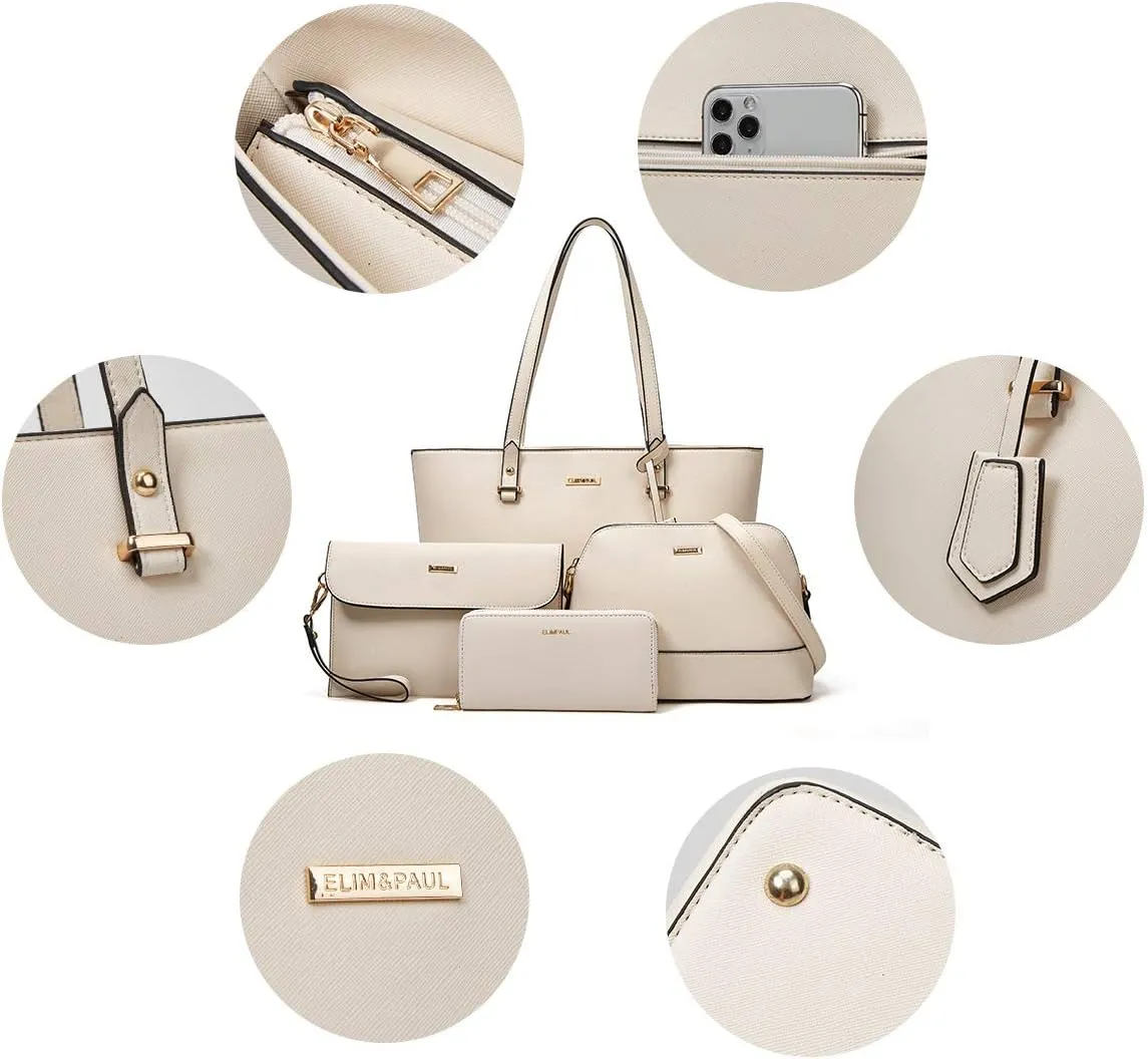 Women Fashion Synthetic Leather Handbags Tote Bag Shoulder Bag Top Handle Satchel Purse Set 4pcs