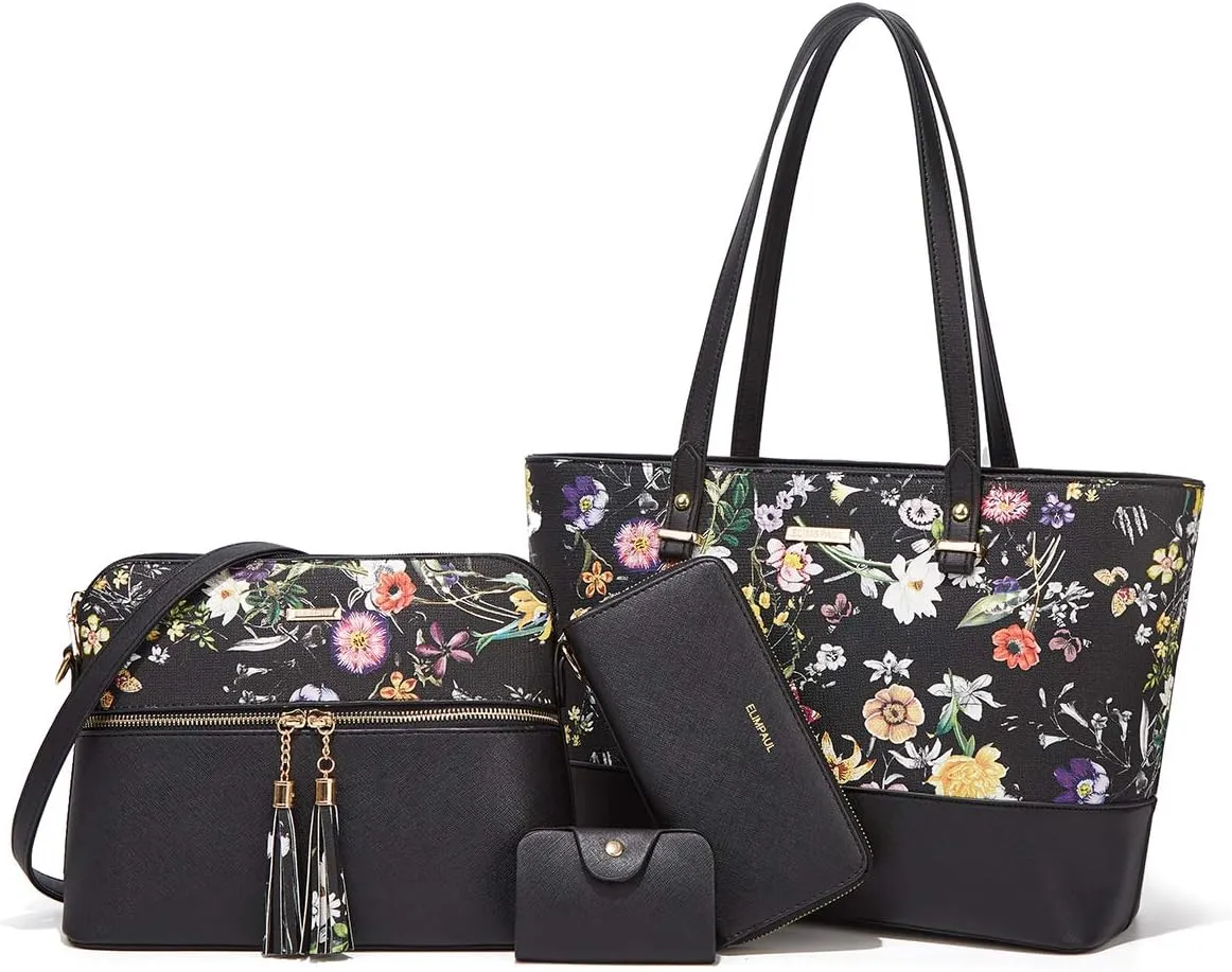 Women Fashion Synthetic Leather Handbags Tote Bag Shoulder Bag Top Handle Satchel Purse Set 4pcs