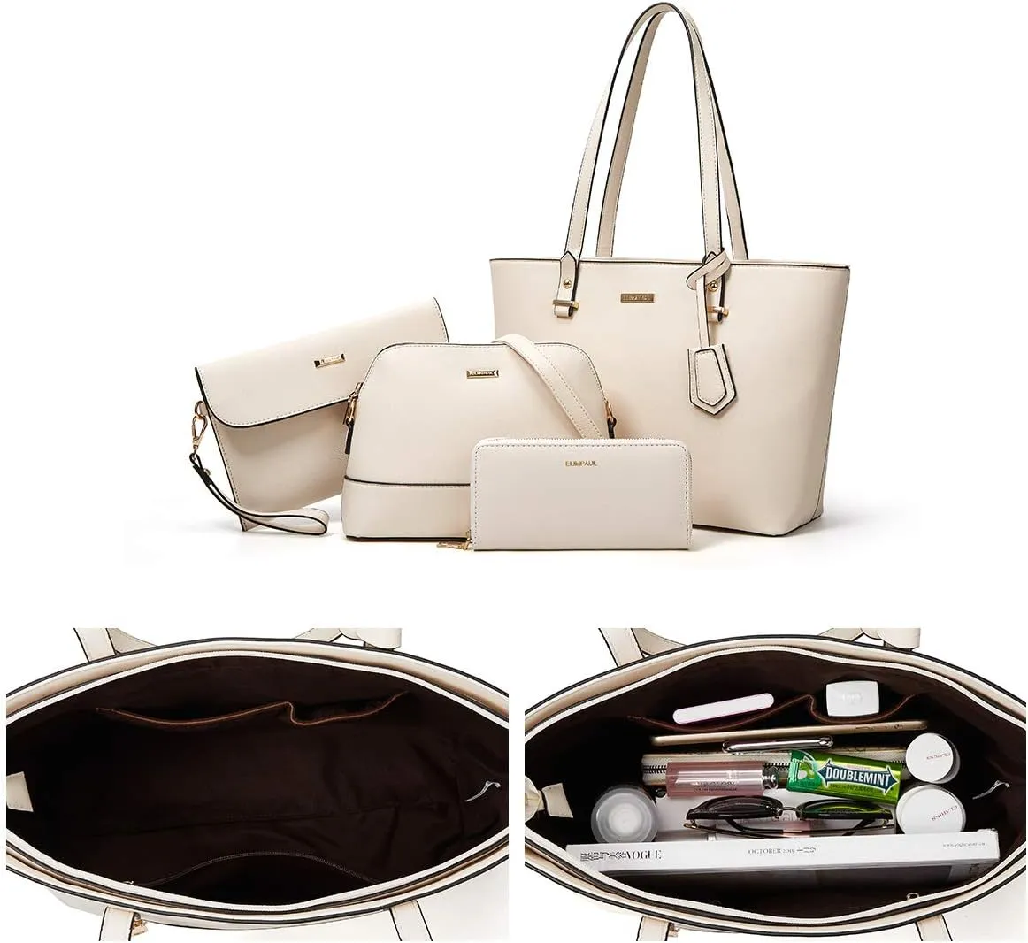 Women Fashion Synthetic Leather Handbags Tote Bag Shoulder Bag Top Handle Satchel Purse Set 4pcs