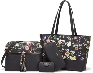 Women Fashion Synthetic Leather Handbags Tote Bag Shoulder Bag Top Handle Satchel Purse Set 4pcs