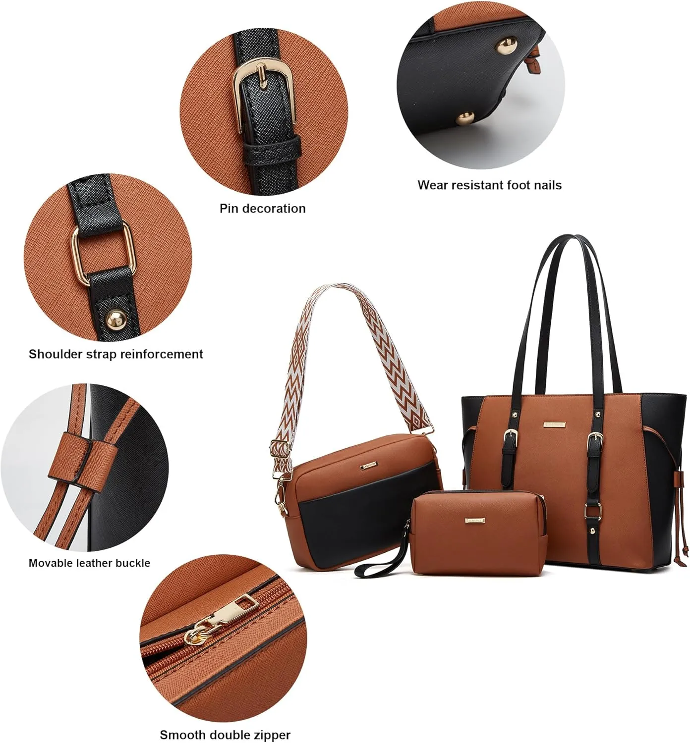 Women Fashion Synthetic Leather Handbags Tote Bag Shoulder Bag Top Handle Satchel Purse Set 4pcs