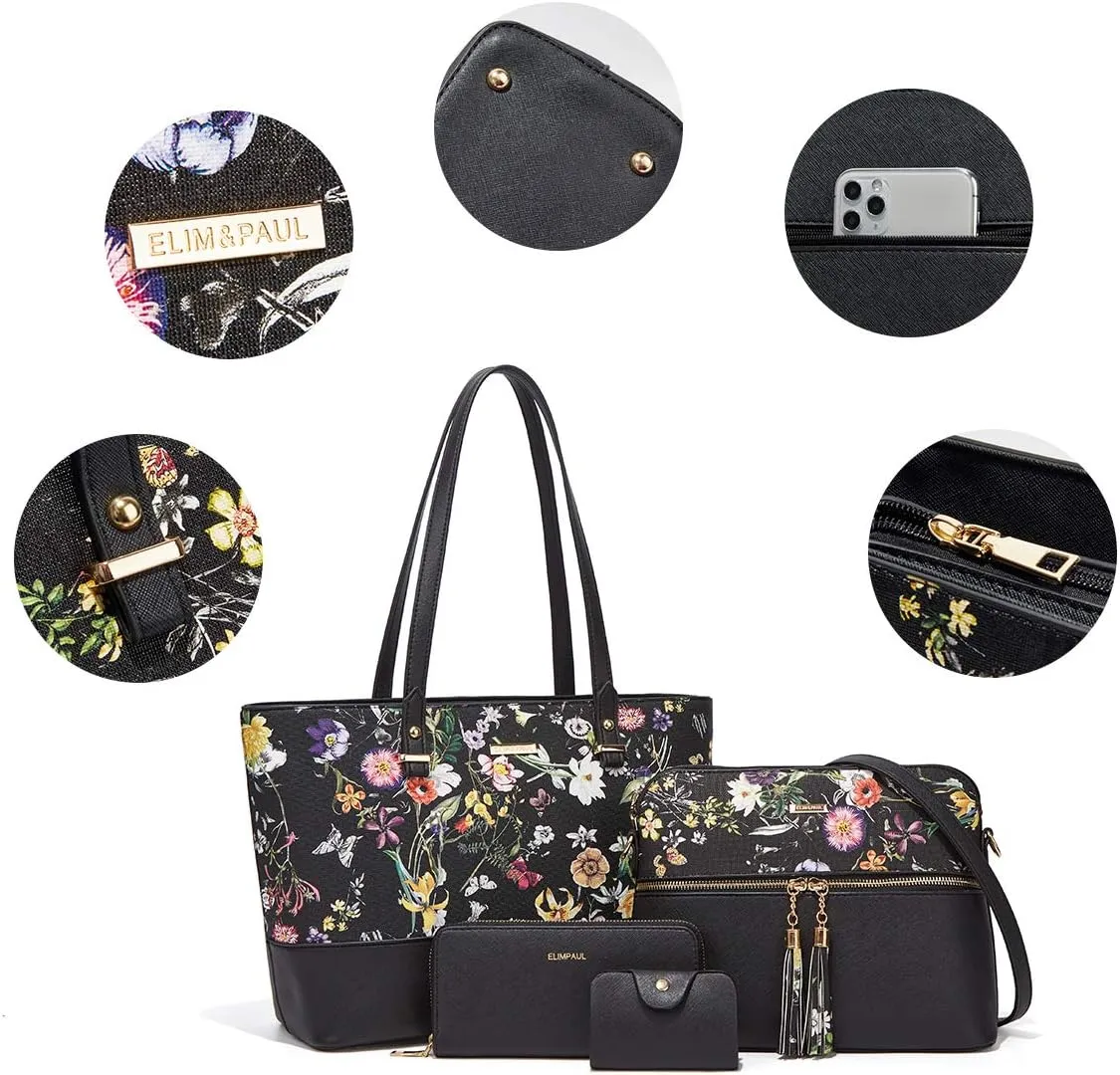 Women Fashion Synthetic Leather Handbags Tote Bag Shoulder Bag Top Handle Satchel Purse Set 4pcs