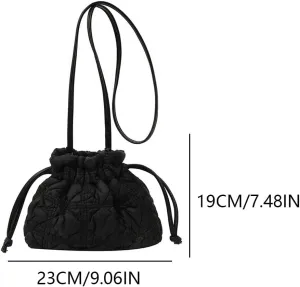 Women Puffer Bucket Bag Detachable Strap Drawstring Shoulder Bags Solid Color Soft Padding Handbag for Outdoor Trave