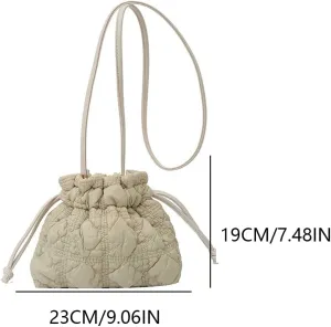 Women Puffer Bucket Bag Detachable Strap Drawstring Shoulder Bags Solid Color Soft Padding Handbag for Outdoor Trave