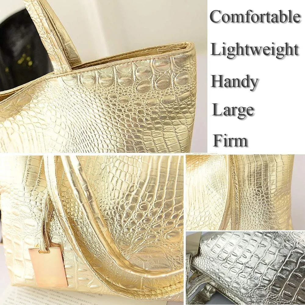 Womens Large Tote Shoulder Handbag Purse Travel Satchel Stylish Fuax Leather Crocodile Hobo Top Handle Bag
