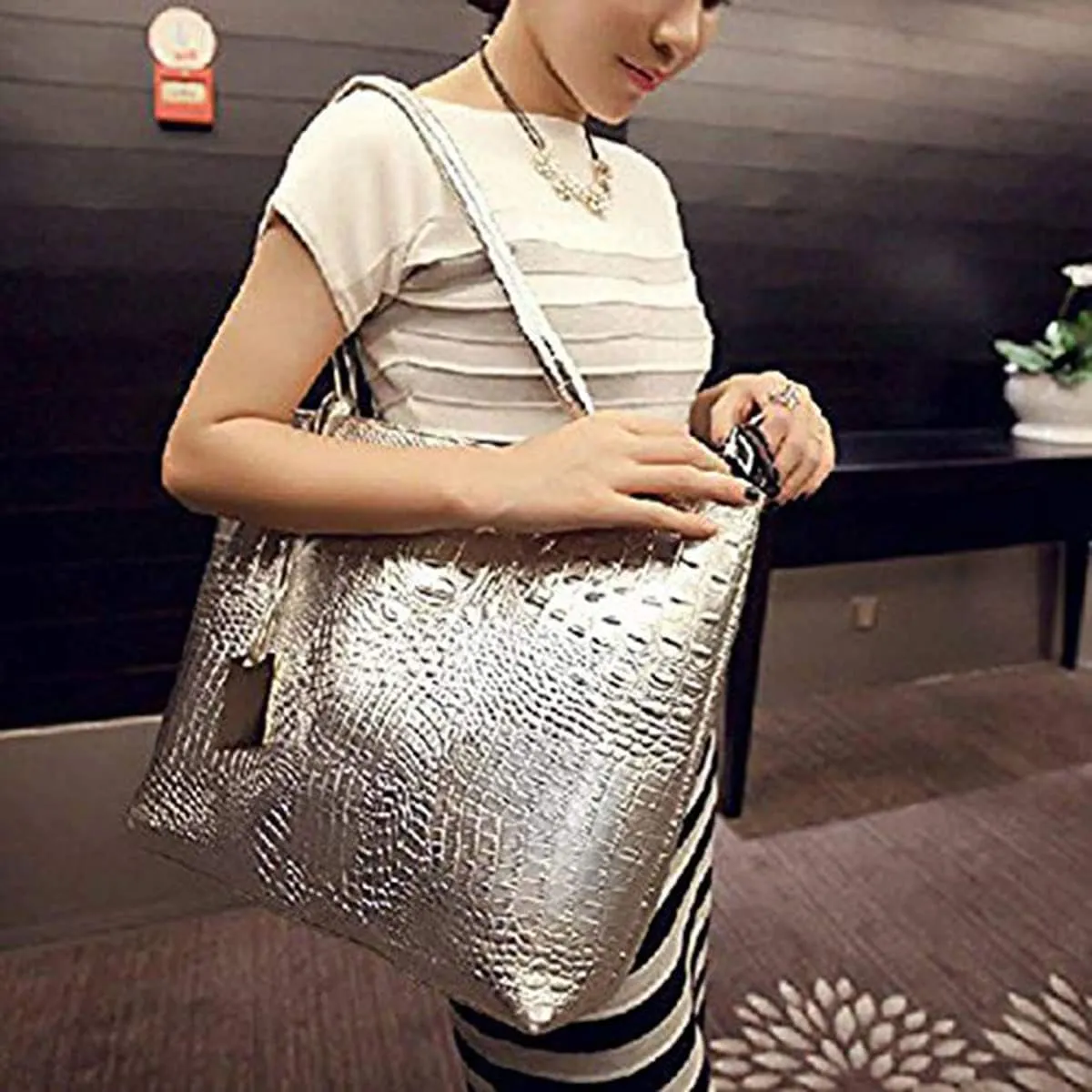 Womens Large Tote Shoulder Handbag Purse Travel Satchel Stylish Fuax Leather Crocodile Hobo Top Handle Bag