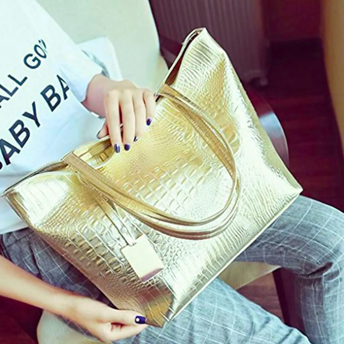 Womens Large Tote Shoulder Handbag Purse Travel Satchel Stylish Fuax Leather Crocodile Hobo Top Handle Bag