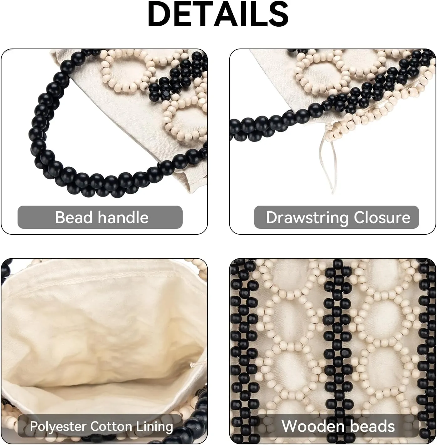 YYW Unique Handmade Wooden Bead Tote Bag for Women, Small Handwoven Clutch Purses Woven Bucket Handbag and Drawstring Handbag