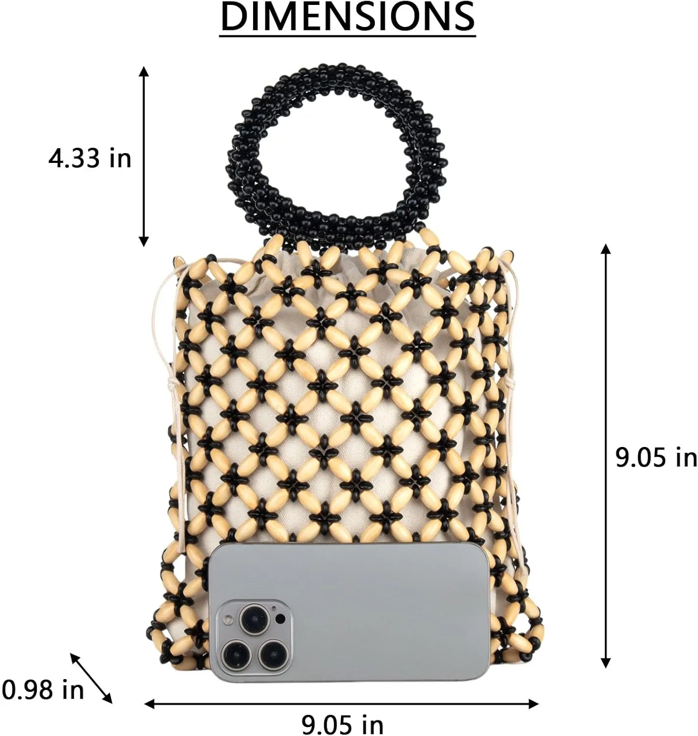 YYW Unique Handmade Wooden Bead Tote Bag for Women, Small Handwoven Clutch Purses Woven Bucket Handbag and Drawstring Handbag