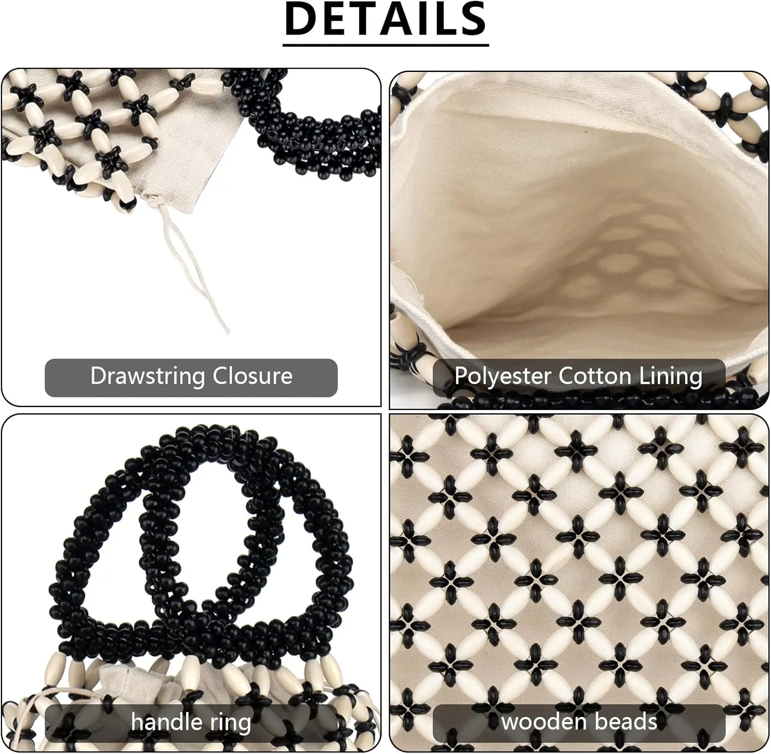 YYW Unique Handmade Wooden Bead Tote Bag for Women, Small Handwoven Clutch Purses Woven Bucket Handbag and Drawstring Handbag