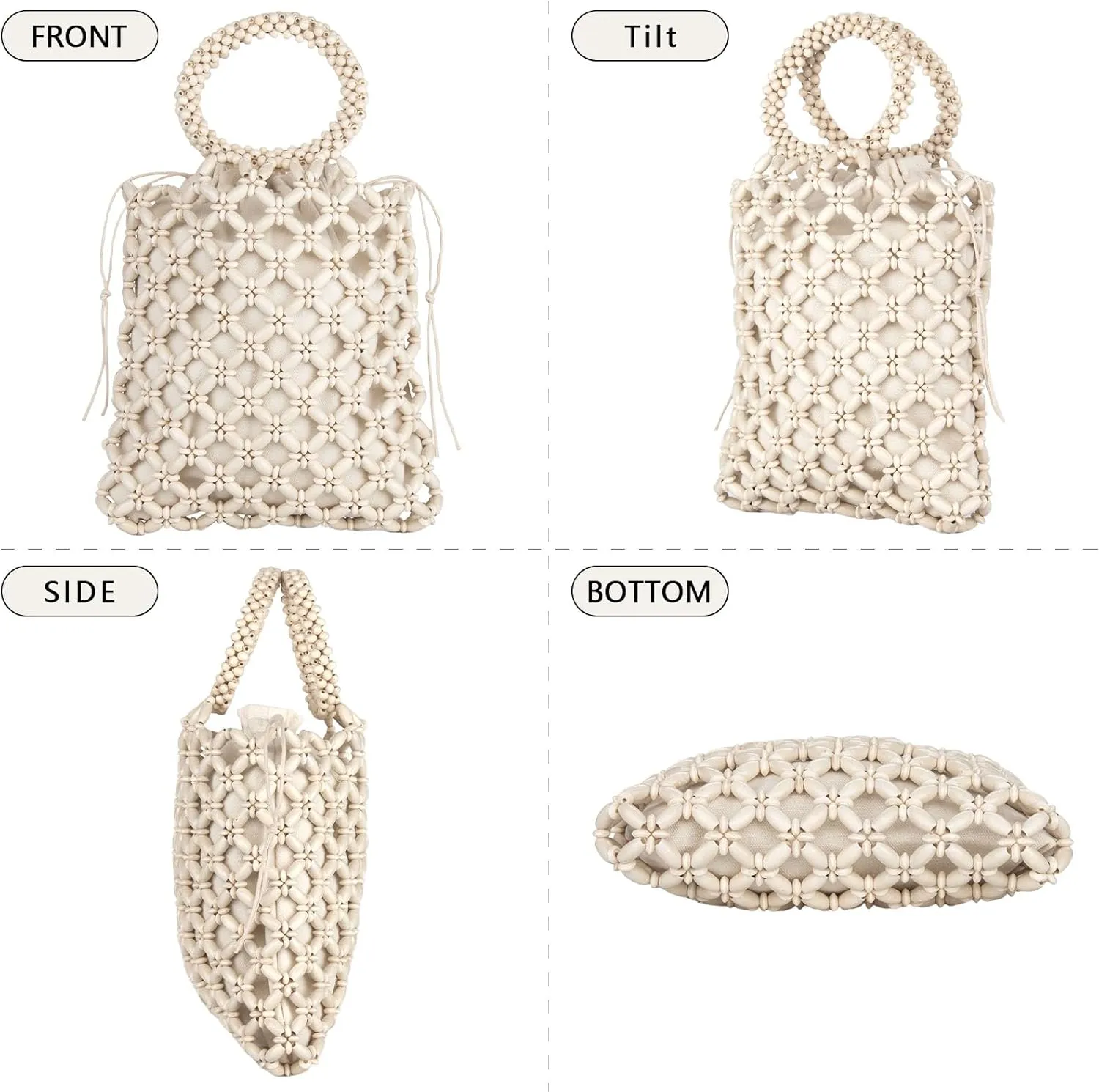 YYW Unique Handmade Wooden Bead Tote Bag for Women, Small Handwoven Clutch Purses Woven Bucket Handbag and Drawstring Handbag