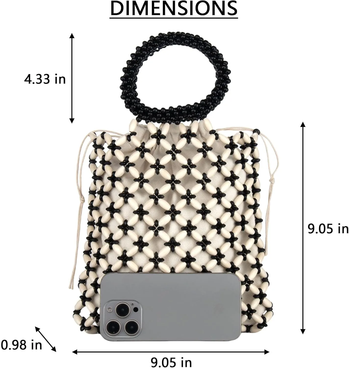YYW Unique Handmade Wooden Bead Tote Bag for Women, Small Handwoven Clutch Purses Woven Bucket Handbag and Drawstring Handbag